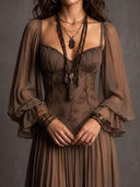 Sexy Lace Spaghetti Strap Sheer Chiffon Ruffle Maxi Dress
