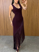 Elegant V-Neck Fringe Maxi Dress