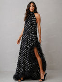 Elegant Polka Dot Halter Feather Trim Maxi Dress
