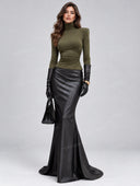 Elegant Mock Neck Top & Faux Leather Mermaid Maxi Skirt Set