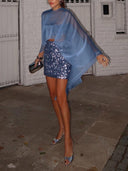 Elegant tulle shawl sequined two-piece set