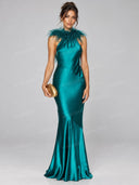 Elegant Feather Trim Satin Halter Mermaid Maxi Dress