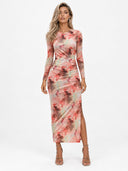 Charm Lady Mesh Overlay Tie Dye Print Long Sleeve Ruched Stretch Midi Dress