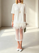 Elegant Feather Trim Top & Mesh Skirt Two-Piece Set