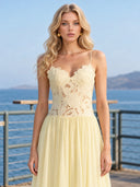 Elegant Yellow Lace Spaghetti Strap Floral Appliqué Maxi Dress