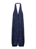 Relaxed Deep V-Neck Pleated Wide Leg Jumpsuit