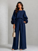 Elegant Floral Long-Sleeve Top and Wide-Leg Pants Two-Piece Set