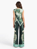 Retro Artistic Print Fringe Trim Asymmetrical Top & Pants Two-Piece Set