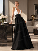 Elegant Deep V-Neck Colorblock Ruched A-Line Maxi Dress