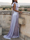 Elegant Bow Shoulder Satin A-Line Maxi Dress