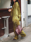 Elegant Satin Feather-Trim Flared Sleeve Two-Piece Set