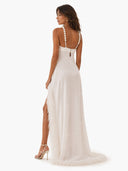 Elegant Pearl Halter Feather Trim Backless Maxi Dress