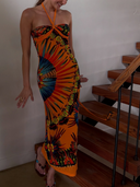 Printed Halter Ruched Tassel Dress