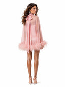 Elegant Feather Trim Sheer Sleeve Party Mini Dress