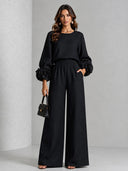 Elegant Floral Long-Sleeve Top and Wide-Leg Pants Two-Piece Set