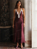 Elegant Satin Lace-Trim Deep V-Neck Midi Dress