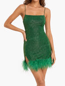Sexy Spaghetti Strap Feather Trim Mini Dress