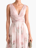 Elegant V-Neck Floral Print Tulle Maxi Dress
