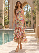 Colorful  Paisley Print Ruffled Hem Halter Midi Dress