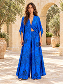 Boho Print Deep V-Neck Top & Wide Leg Pants Two-Piece Set