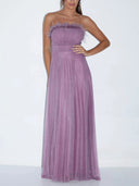Elegant Feather Trim Shimmer Strapless Maxi Dress