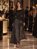 Draped Neck Long Sleeve Pleated Maxi Dress