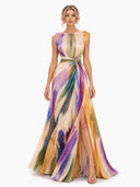 Elegant Abstract Watercolor Print Ruched Waist Maxi Dress