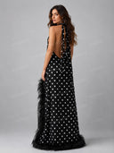 Elegant Polka Dot Halter Feather Trim Maxi Dress