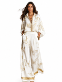 Elegant Butterfly Print Zip-Up Top & Wide Leg Pants Set