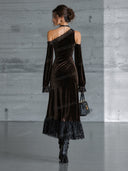 Asymmetric Off Shoulder Velvet Lace Maxi Dress