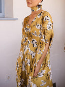 Elegant Floral Print Draped Kaftan Maxi Dress