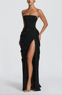 Strapless Pleated Slit Maxi Dress