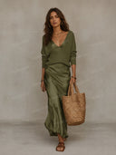 Elegant Knit V-Neck Sweater & Satin Slip Dress Two-Piece Set