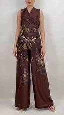 Printed Lace-Up Top And Wide Leg Pants Set