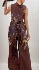 Printed Lace-Up Top And Wide Leg Pants Set