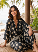 Casual Abstract Plaid Print Kimono Sleeve Maxi Dress