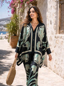 Elegant Abstract Print Satin Shirt & Wide Leg Pants Set