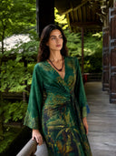 Fashionable Printed Satin Wrap Midi Dress