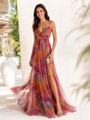 Elegant Painted Floral Print V-Neck A-Line Maxi Dress