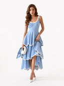 Elegant Color Trim Tiered Ruffle Sleeveless Maxi Dress