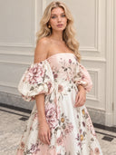 Elegant Floral Print Off-Shoulder Puff Sleeve Midi Dress