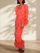 Elegant Feather Trim Jacquard Wrap Blouse & Pants Two-Piece Set