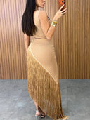 Elegant V-Neck Fringe Maxi Dress