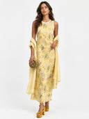 Elegant Botanical Print Sleeveless Midi Dress Two-Piece Set