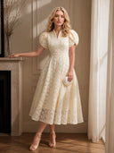 Elegant Floral Textured Puff Sleeve Midi Dress