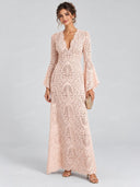 Elegant Lace V Neck Flare Sleeve Maxi Dress