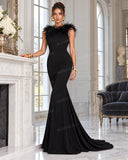 Elegant Feather Trim Mermaid Evening Maxi Dress