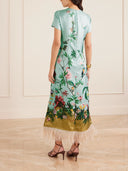 Retro Chic Printed Feather Trim Maxi Dress