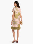 Elegant Printed Feather-Trim Fringe Hem Satin Mini Dress