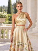 Elegant One-Shoulder Satin Crop Top & Floral Print Maxi Skirt Set